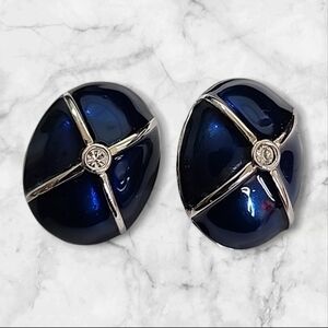 Vintage Silver Tone  80S IVANA TRUMP Blue Enamel Rhinestone Clip on Earrings
